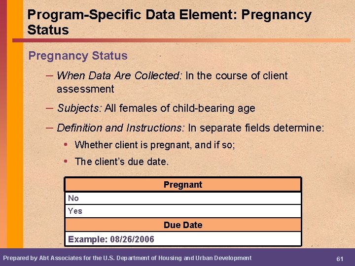 Program-Specific Data Element: Pregnancy Status – When Data Are Collected: In the course of