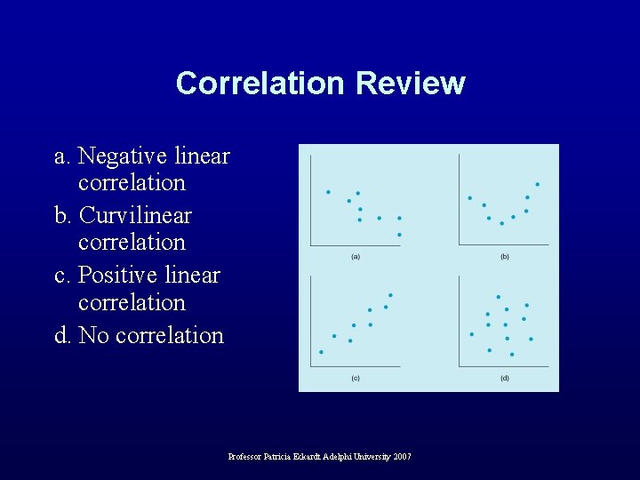 Correlation Review a. Negative linear correlation b. Curvilinear correlation c. Positive linear correlation d.