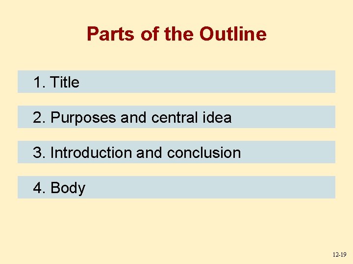 Parts of the Outline 1. Title 2. Purposes and central idea 3. Introduction and