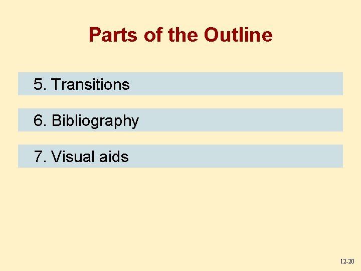 Parts of the Outline 5. Transitions 6. Bibliography 7. Visual aids 12 -20 