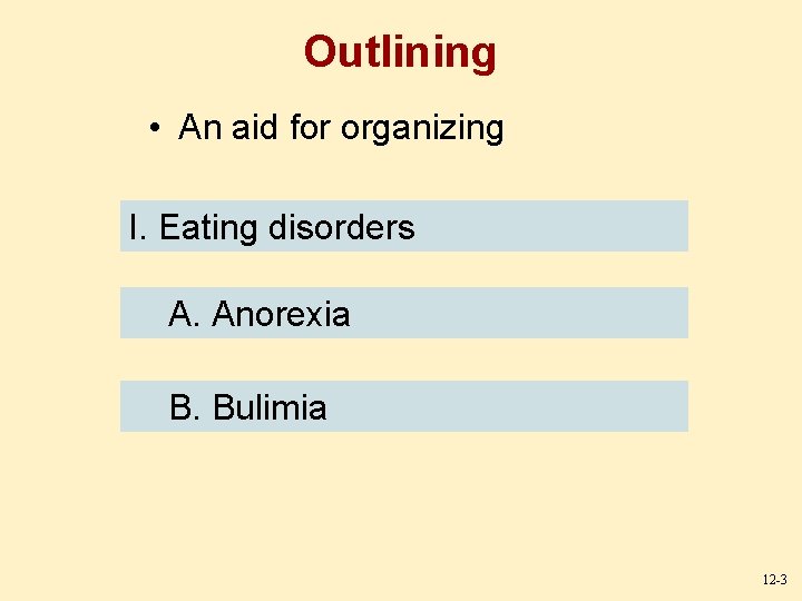 Outlining • An aid for organizing I. Eating disorders A. Anorexia B. Bulimia 12