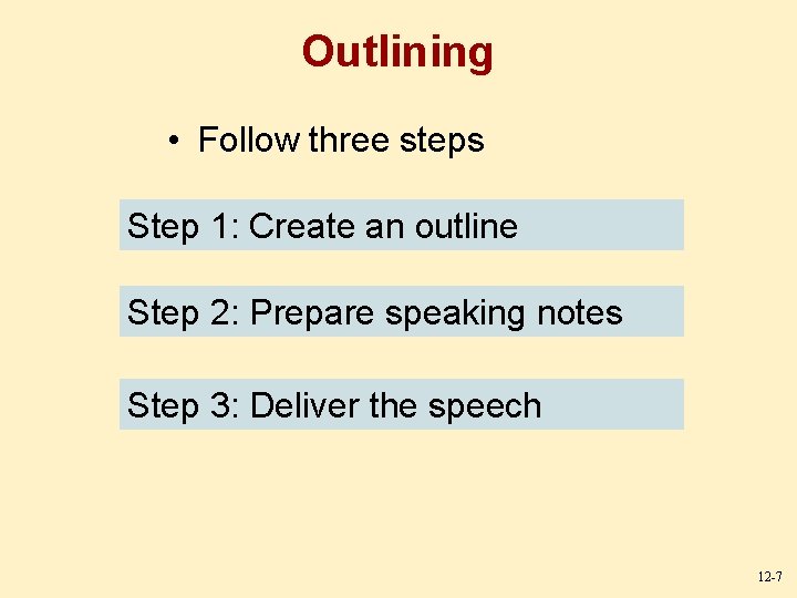 Outlining • Follow three steps Step 1: Create an outline Step 2: Prepare speaking