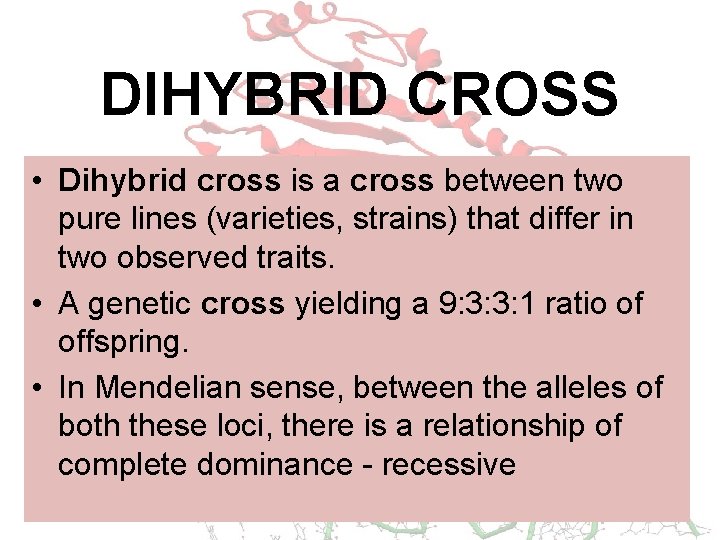 DIHYBRID CROSS • Dihybrid cross is a cross between two pure lines (varieties, strains)