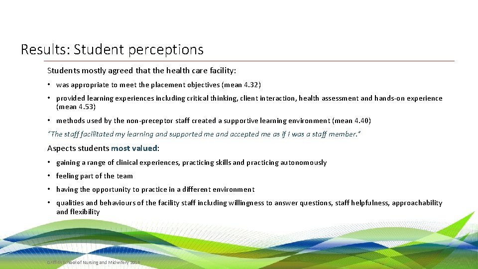 Results: Student perceptions Students mostly agreed that the health care facility: • was appropriate