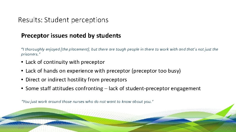 Results: Student perceptions Preceptor issues noted by students “I thoroughly enjoyed [the placement], but