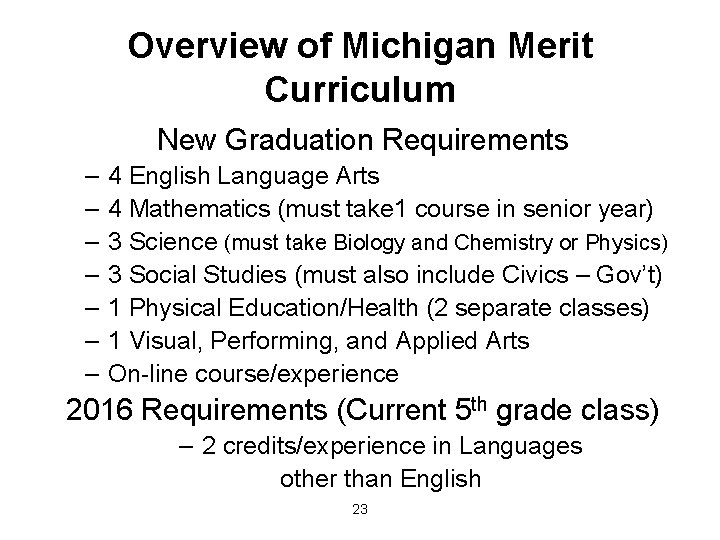 Overview of Michigan Merit Curriculum New Graduation Requirements – – – – 4 English