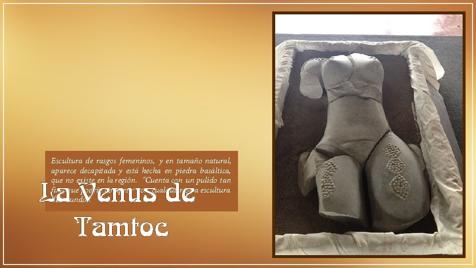 Escultura de rasgos femeninos, y en tamaño natural, aparece decapitada y está hecha en