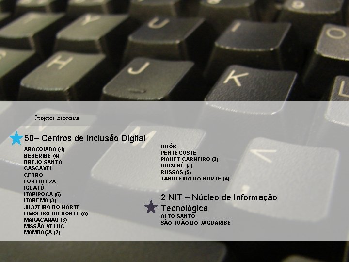 Projetos Especiais 50– Centros de Inclusão Digital ARACOIABA (4) BEBERIBE (4) BREJO SANTO CASCAVEL