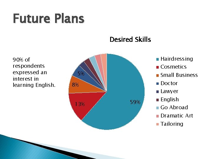 Future Plans Desired Skills 90% of respondents expressed an interest in learning English. Hairdressing