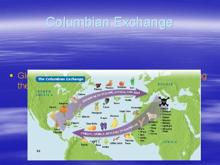 Columbian Exchange § Global transfer of food, plants, and animals during the colonization of