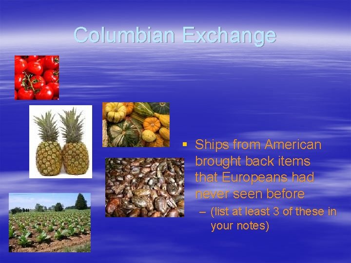 Columbian Exchange § Ships from American brought back items that Europeans had never seen