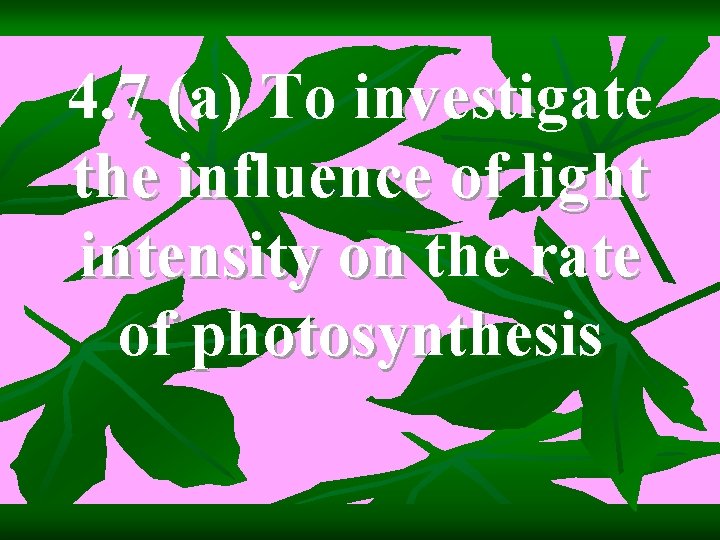 4. 7 (a) To investigate the influence of light intensity on the rate of