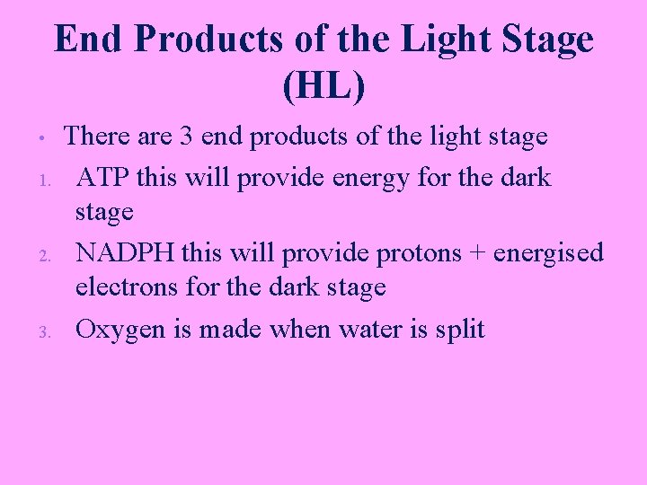 End Products of the Light Stage (HL) • 1. 2. 3. There are 3