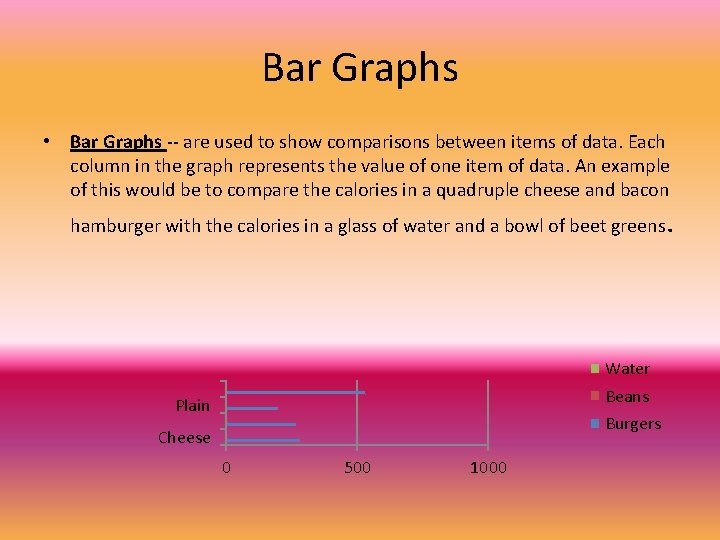 Bar Graphs • Bar Graphs -- are used to show comparisons between items of