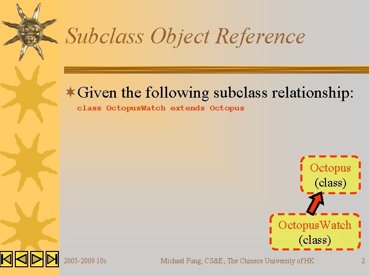 Subclass Object Reference ¬Given the following subclass relationship: class Octopus. Watch extends Octopus (class) Subclass Object Reference ¬Given the following subclass relationship: class Octopus. Watch extends Octopus (class)