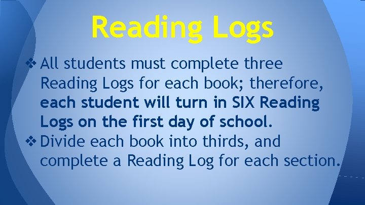Reading Logs ❖ All students must complete three Reading Logs for each book; therefore,