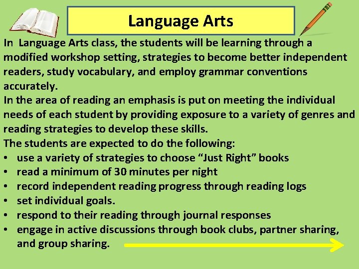 Language Arts In Language Arts class, the students will be learning through a modified