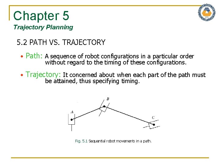 Chapter 5 Trajectory Planning 5. 2 PATH VS. TRAJECTORY Path: A sequence of robot