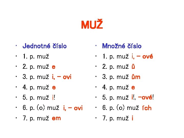 MUŽ • • Jednotné číslo 1. p. muž 2. p. muž e 3. p.