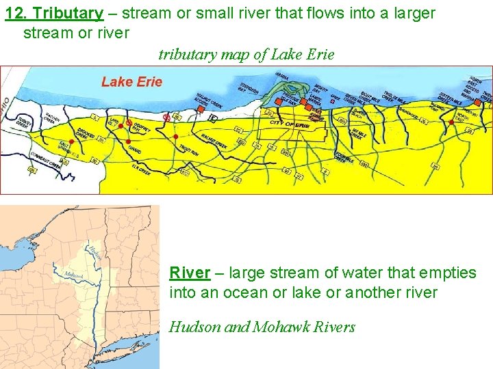 12. Tributary – stream or small river that flows into a larger stream or