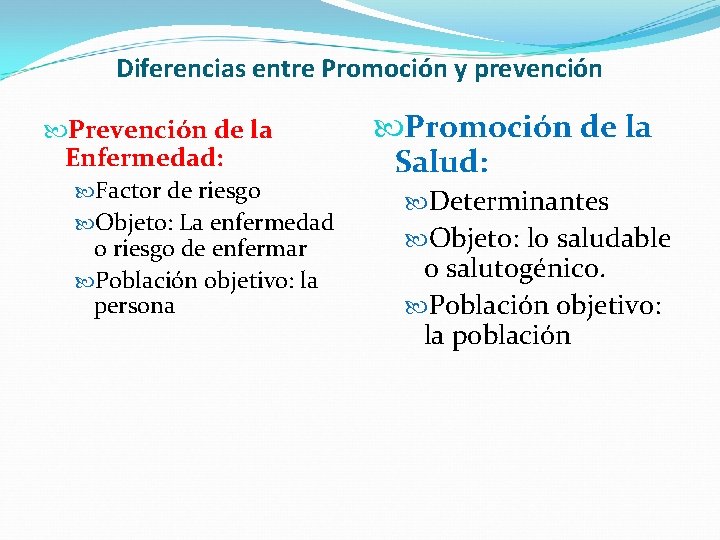 Diferencias entre Promoción y prevención Prevención de la Enfermedad: Factor de riesgo Objeto: La