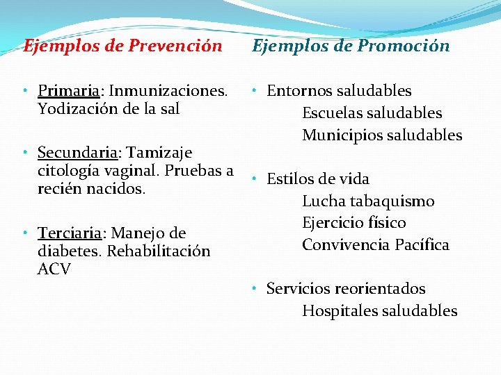 Ejemplos de Prevención Ejemplos de Promoción • Primaria: Inmunizaciones. Yodización de la sal •