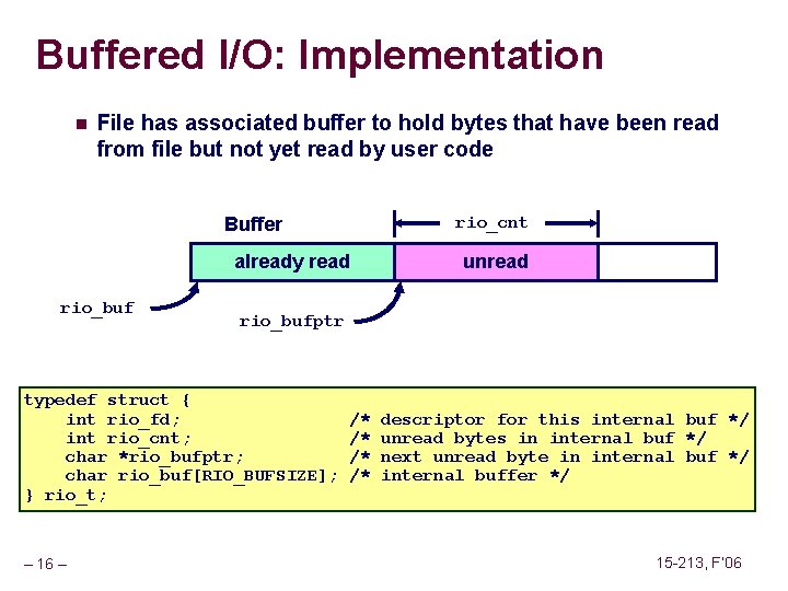 Buffered I/O: Implementation n File has associated buffer to hold bytes that have been