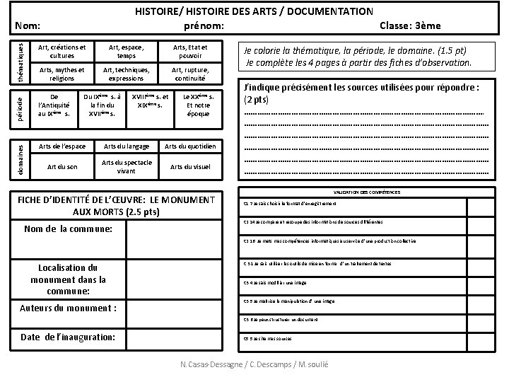 HISTOIRE/ HISTOIRE DES ARTS / DOCUMENTATION prénom: Classe: 3ème domaines période thématiques Nom: Art,