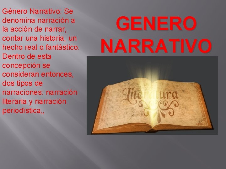 Género Narrativo: Se denomina narración a la acción de narrar, contar una historia, un