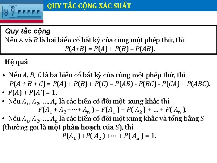 QUY TẮC CỘNG XÁC SUẤT Quy tắc cộng Nếu A và B là hai