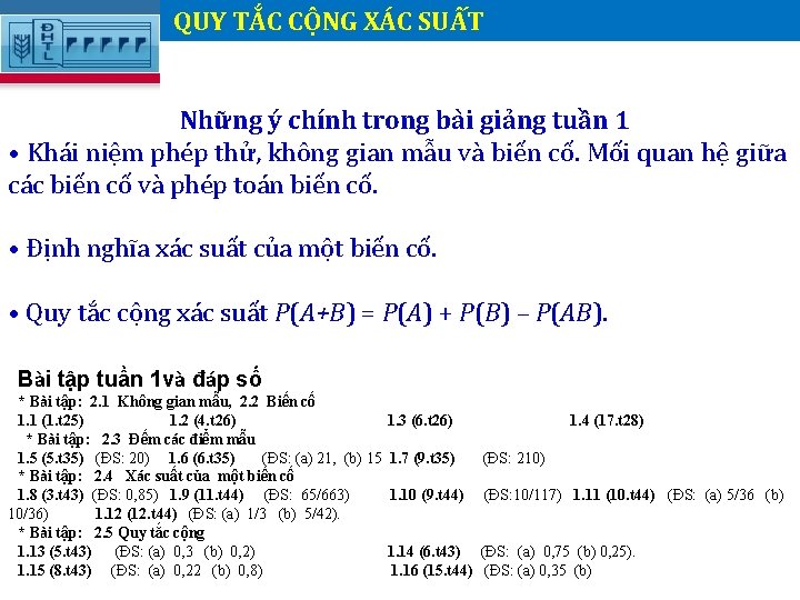 QUY TẮC CỘNG XÁC SUẤT Những ý chính trong bài giảng tuần 1 •