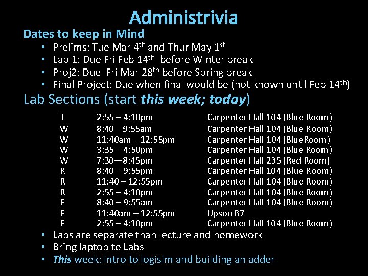 Administrivia Dates to keep in Mind • • Prelims: Tue Mar 4 th and