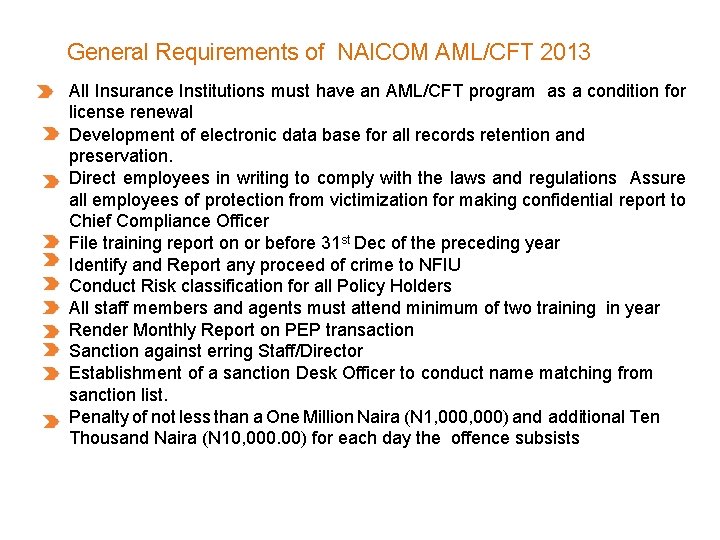 General Requirements of NAICOM AML/CFT 2013 All Insurance Institutions must have an AML/CFT program
