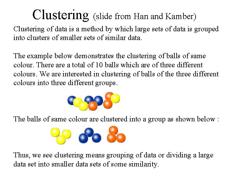 Clustering (slide from Han and Kamber) Clustering of data is a method by which