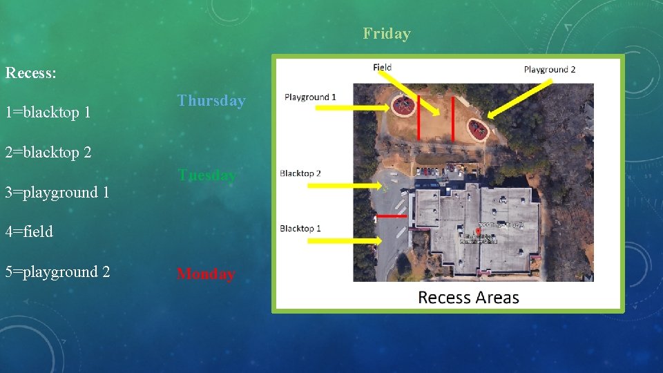 Friday Recess: 1=blacktop 1 Thursday 2=blacktop 2 3=playground 1 Tuesday 4=field 5=playground 2 Monday