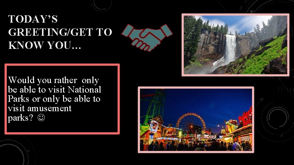 TODAY’S GREETING/GET TO KNOW YOU… Would you rather only be able to visit National