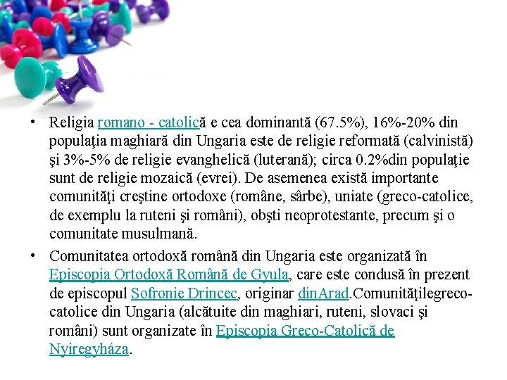  • Religia romano - catolică e cea dominantă (67. 5%), 16%-20% din populaţia