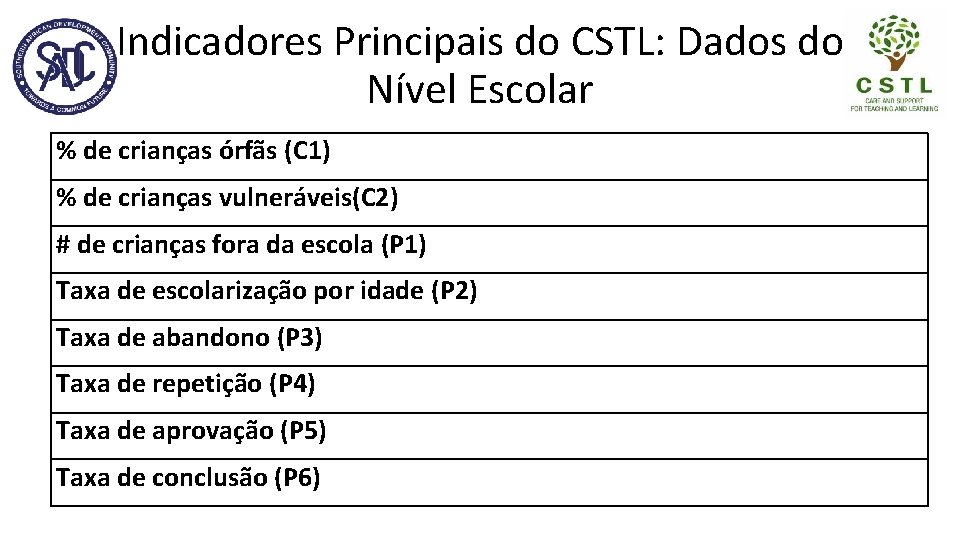 Indicadores Principais do CSTL: Dados do Nível Escolar % de crianças órfãs (C 1)
