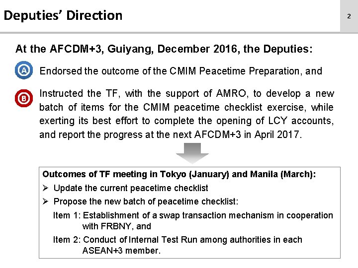 Deputies’ Direction At the AFCDM+3, Guiyang, December 2016, the Deputies: A B Endorsed the