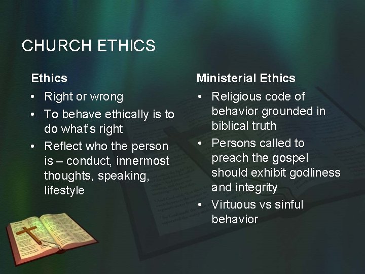 CHURCH ETHICS Ethics Ministerial Ethics • Right or wrong • To behave ethically is