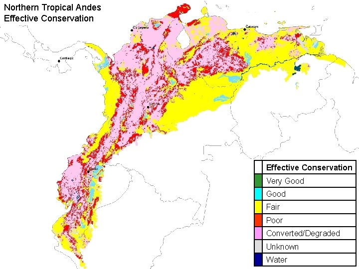 Northern Tropical Andes Effective Conservation Very Good Fair Poor Converted/Degraded Unknown Water 