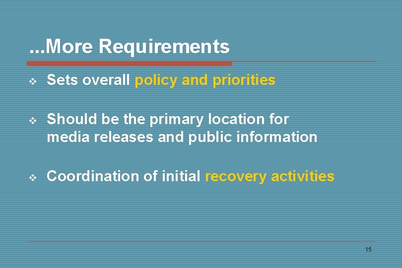 . . . More Requirements v Sets overall policy and priorities v Should be