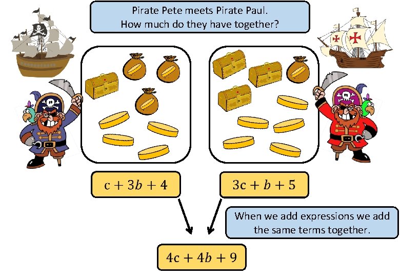 Pirate Pete meets Pirate Paul. How much do they have together? When we add