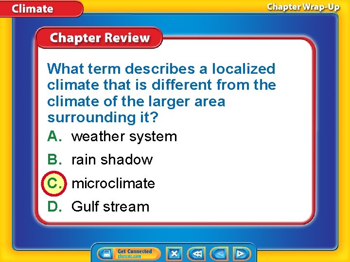 What term describes a localized climate that is different from the climate of the
