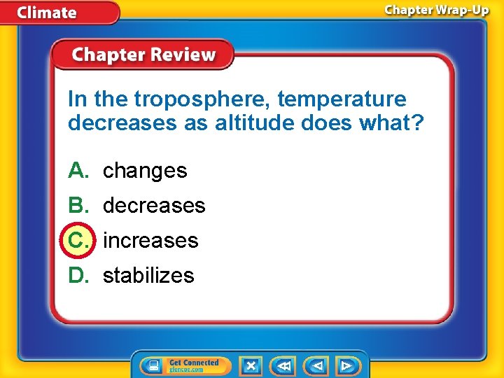 In the troposphere, temperature decreases as altitude does what? A. changes B. decreases C.