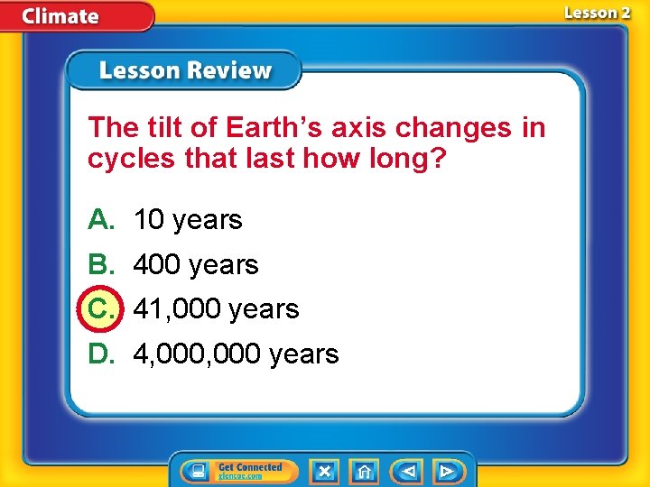 The tilt of Earth’s axis changes in cycles that last how long? A. 10