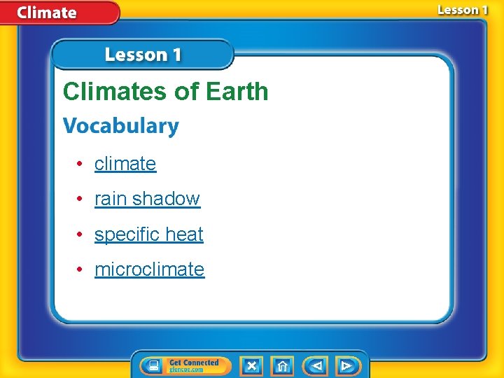 Climates of Earth • climate • rain shadow • specific heat • microclimate 