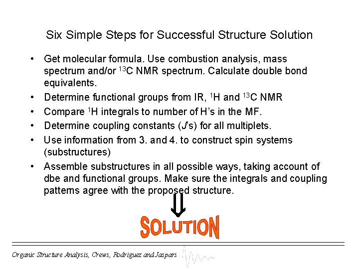 Six Simple Steps for Successful Structure Solution • Get molecular formula. Use combustion analysis,
