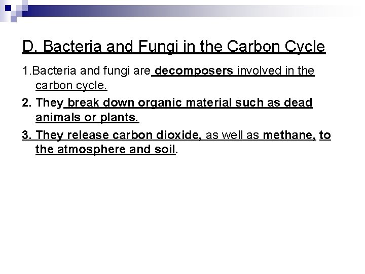 D. Bacteria and Fungi in the Carbon Cycle 1. Bacteria and fungi are decomposers