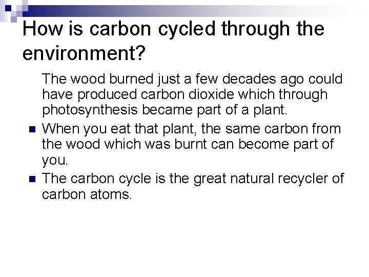 How is carbon cycled through the environment? n n The wood burned just a